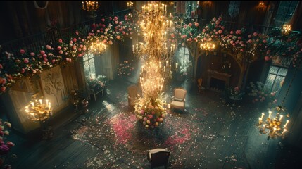 Poster - a room filled with lots of flowers and a chandelier hanging from the ceiling and a chair in the middle of the room.