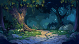 Fototapeta Dinusie - Magic dark forest at night. Lights, tree and flowers, stone road. Fairy tale, magical location for adventure or fantasy travel, vector cartoon illustration