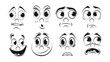 Cartoon faces with different expressions. Happy, smiling, sad, surprised, in love face. Emoji with different emotion mood. Showing eyes and mouth. Black and white vector illustration