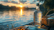 Bottle and basket by the river at sunset