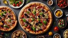 A Large, Sliced Pizza With Olives, Tomatoes, Onions, And Basil Toppings, Surrounded By Fresh Ingredients And Condiments On A Dark Surface

