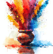 Vibrant watercolor painting of a colorful explosion of paints emanating from a traditional pot.