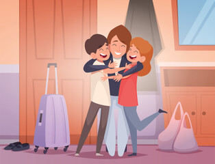 Wall Mural - Happy kids. Vector cartoon background family hugging kids and parents exact illustration template