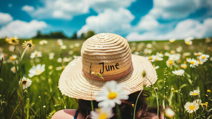 Young woman in straw hat on the camomile field. Summer vacation concept