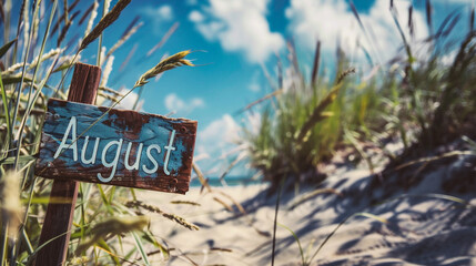 Wooden signboard with the text August on the beach