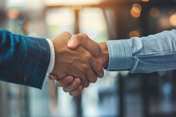 Wall Mural - two business people shaking hands together at a conference table