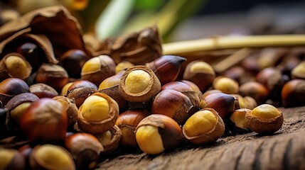 Hazelnuts in water with drops of rain on wooden background