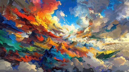 Wall Mural - a painting of a colorful sky with clouds in the foreground and a blue sky with clouds in the background.