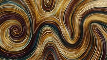 A Close Up Of A Painting With A Spiral Design In Gold, Blue, Brown And Black Colors On A White Background.