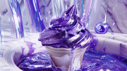 Wall Mural - a cupcake covered in purple icing sitting on top of a blue liquid covered cake pan with purple icing on top of it.
