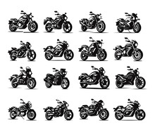 Motorcycles Transport Black White Logos. Two Wheeled Vehicle Icons, Moto Chopper Dragster Roadster Nightster, Street Modern Classical Models, Vector Elements Isolated On White Background