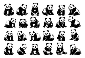 Wall Mural - Panda bear different poses black ink sketch vector set. Mountain asia animal, bamboo eater herbivore. Cute Illustration isolated on white background