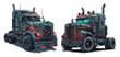 Post apocalyptic truck color ink sketch vector concepts. Futuristic punk four wheeled diesel cargo car, vehicle decay carriers isolated on white background