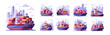 Sea logistics cartoon vector set. Marine cargo ships ocean heavy tankers storage containers goods transportation, modern city background isolated illustrations