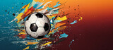 Fototapeta  - Dynamic soccer ball bursting with colorful energy