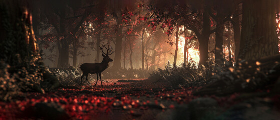 Wall Mural - a deer standing in the middle of a forest with red leaves on the ground and trees with red leaves on the ground.