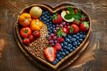 Photo of heart-shaped bowl containing nutritious diet foods like fresh fruits, vegetables, whole grains. Advocates for heart health and cardiovascular wellness. 