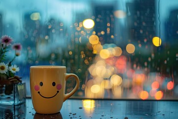 Wall Mural - A smiling cup with a flower sits on a table next to a window. The window is foggy and the city lights can be seen in the background