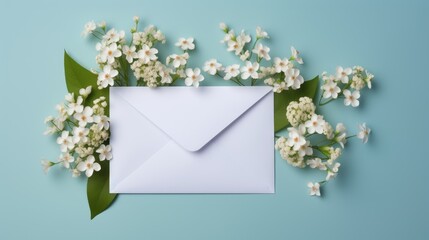 Wall Mural - An envelope with a letter and spring flowers on a blue background. The idea of a holiday card for lovers. A congratulatory letter and a message.