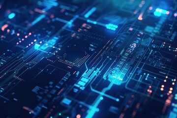 A computer chip with many blue and orange lights