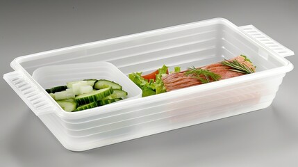 a plastic container with two sections of food inside of it on a gray surface with a gray surface behind the container is a white plastic container with two sections of food.