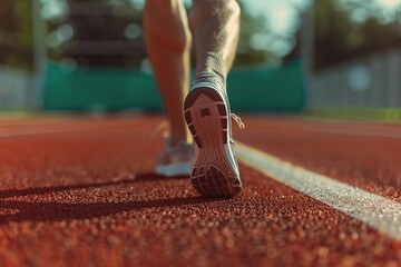 Wall Mural - Male feet running in sport shoes on stadium