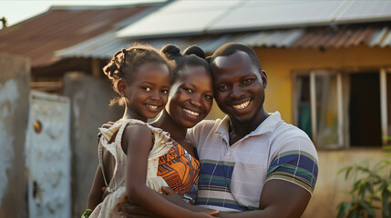 An African family lives in a house equipped with solar panels.