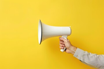 Male hand holding modern megaphone on yellow background