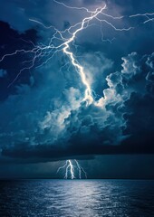 Wall Mural - Electric Night by the Water - Dramatic lightning strikes over a coastal town, where the energy of a thunderstorm meets the tranquility of the water