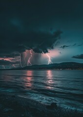 Wall Mural - Electric Night by the Water - Dramatic lightning strikes over a coastal town, where the energy of a thunderstorm meets the tranquility of the water