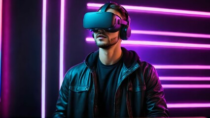 Augmented reality, science, future technology concept. VR. Futuristic 3d glasses with virtual projection. Neon light.