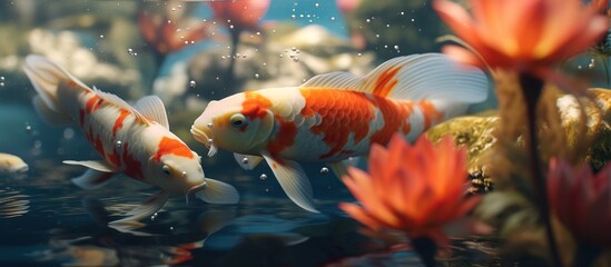 Koi fish swimming in the pond. Panoramic image