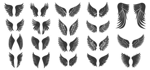 Wall Mural - Wings black flat icons set isolated on white. Winged different shapes silhouettes elements for emblems insignias tattoos graphics