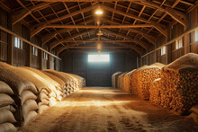 Warm Sunlight Streaming Through The Door Of A Rustic Barn Filled With Stacks Of Hay Bales