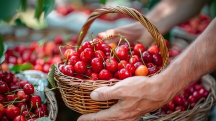 Wall Mural - Farmers market with hands picking cherries from a basket. Farm Fresh Harvest