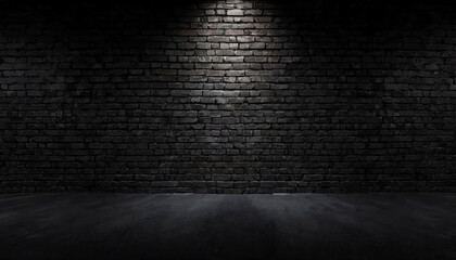 Fototapete - A  black brick wall with black textured background and light shining on it, for product presentation, template, banner or presentation page and web banner