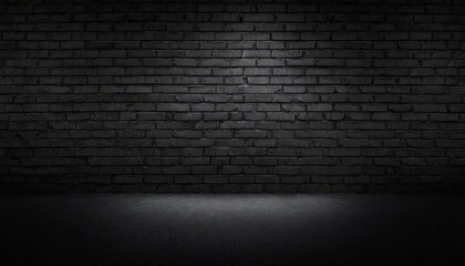 Fototapete - A  black brick wall with black textured background and light shining on it, for product presentation, template, banner or presentation page and web banner