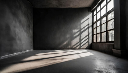 Poster - A room with a window and a black rough plaster wall, smooth concrete floor. The room is empty and the window is letting in sunlight