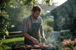 man frying meat on grill cooking food outdoors