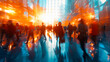 Blurred background of people walking down city street along tall buildings.