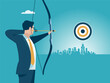 The challenge. The businessman aims at the target. Business concept vector illustration. 