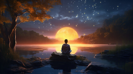 Silhouette of a young boy meditating at night at the lakeshore, sitting near water in a magical landscape filled with stars, golden light and sparkles, watching the moon rise. Spiritual practice.