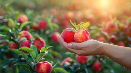 Wall Mural - Ripe peach held in hand, selective peach display on blurred background with space for text