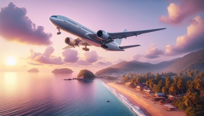 Wall Mural - A picturesque view of a flying Airplane over a tropical beach with palm trees, houses against the backdrop of a gentle pink sunrise. Air travel with a travel agency to an exotic country on vacation