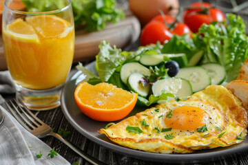 Wall Mural - Scrambled egg on a plate with fresh herbs and tomatoes and orange juice, breakfast