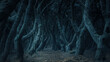 Dark spooky creepy woods at night, path in scary fairy tale forest, landscape with dry trees. Theme of fantasy, haunted nature, Halloween, background