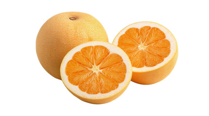 Two oranges cut in half, displaying vibrant orange color and juicy interior, placed on a clean white background