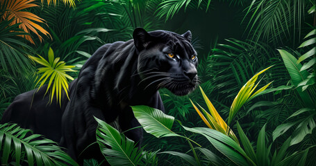 A black panther in the jungle. Jungle background.  the smooth black jaguar