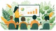 Business Startup Team Meeting. Vector cartoon illustration in a flat style of group of diverse people leading a discussion at a table near a whiteboard with charts and graphs