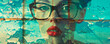 A captivating woman exudes confidence in stylish glasses and bold red lipstick, effortlessly combining sophistication and allure. Banner. Copy space